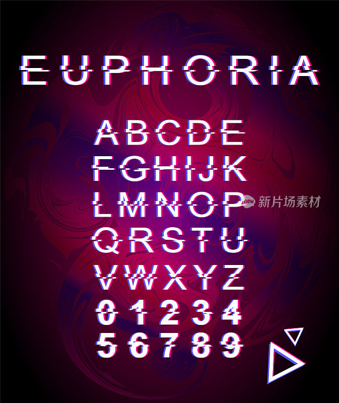 Euphoria glitch font template. Retro futuristic style vector alphabet set on purple holographic background. Capital letters, numbers and symbols. Happiness typeface design with distortion effect